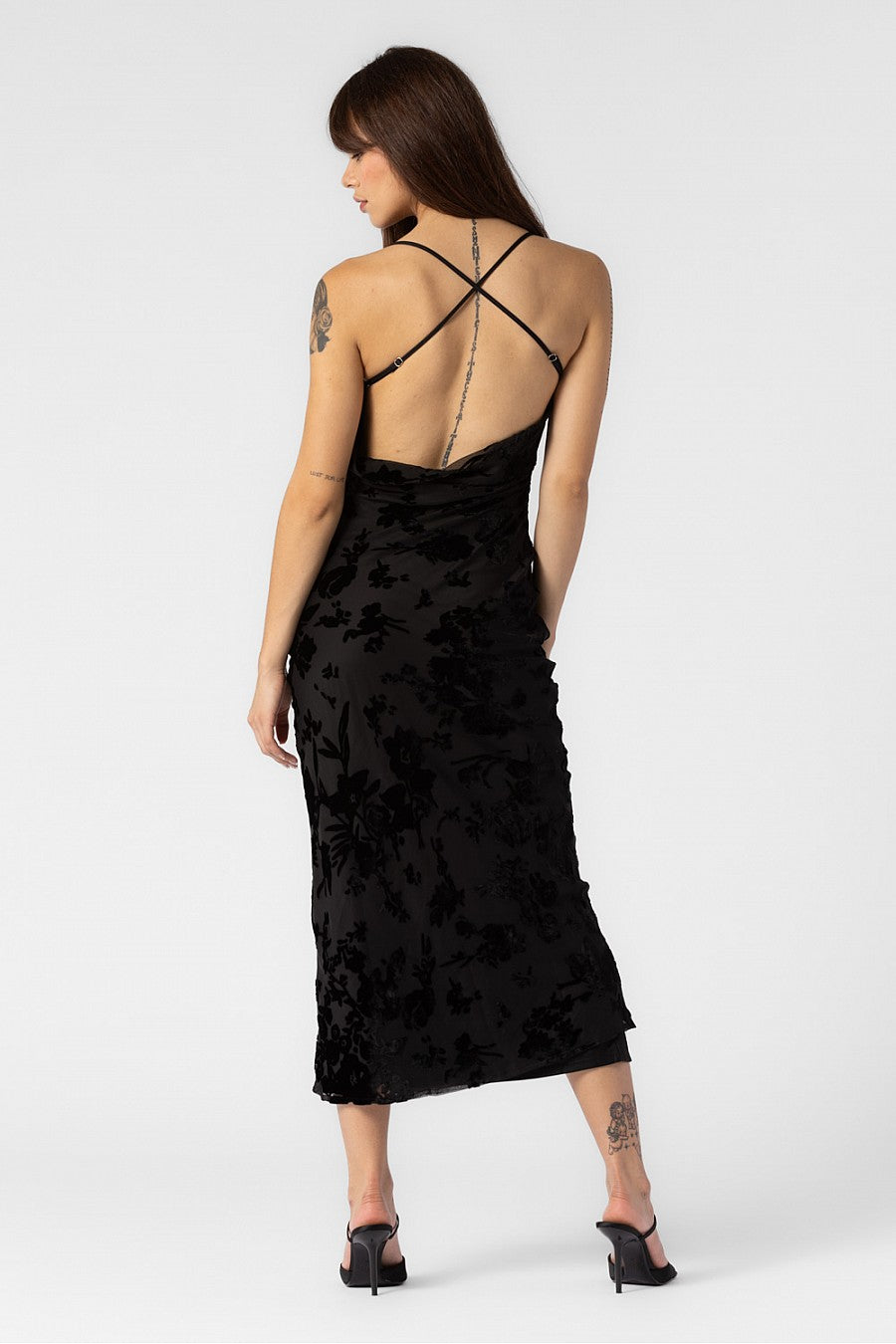 ELIZABETH FLORAL VELVET PRINT COWL NECK LONG DRESS