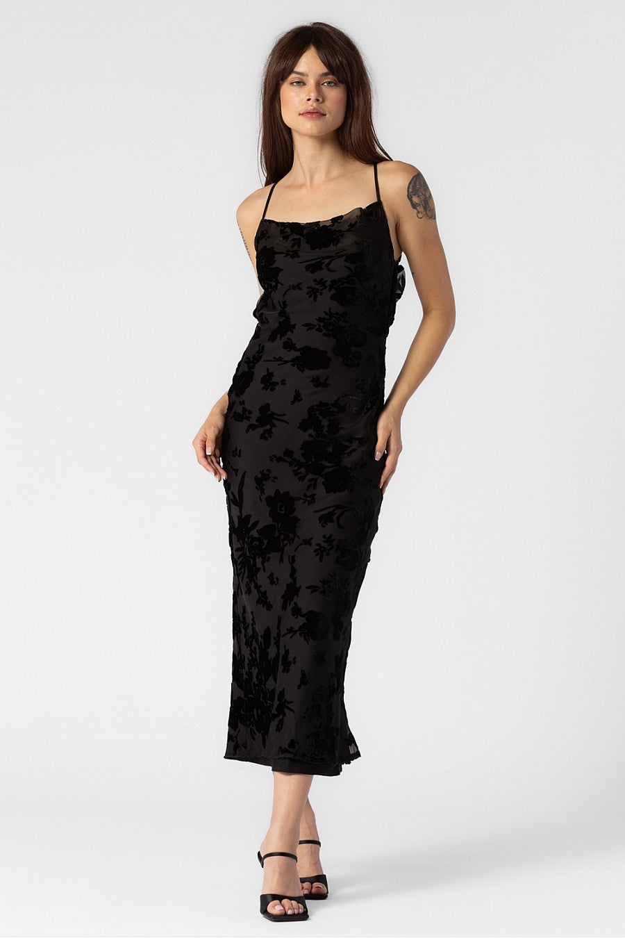 ELIZABETH FLORAL VELVET PRINT COWL NECK LONG DRESS