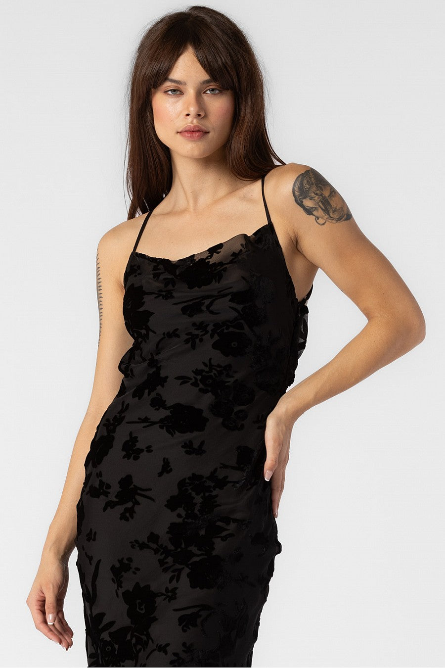 ELIZABETH FLORAL VELVET PRINT COWL NECK LONG DRESS