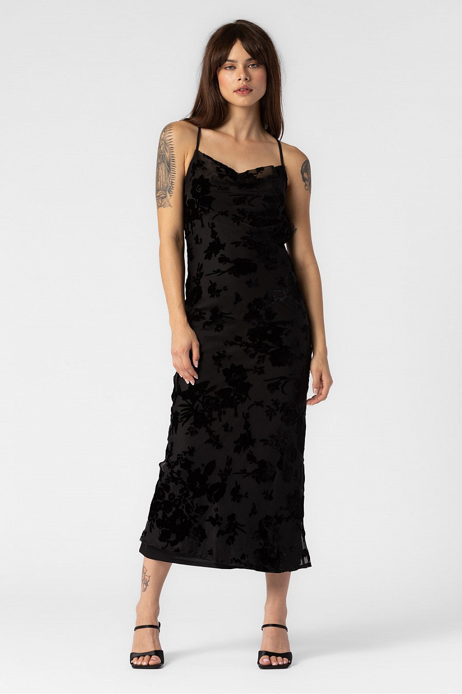 ELIZABETH FLORAL VELVET PRINT COWL NECK LONG DRESS