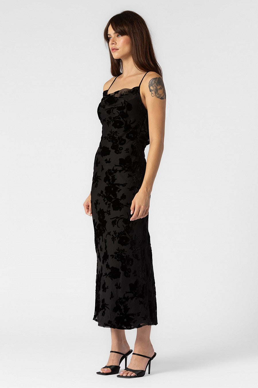 ELIZABETH FLORAL VELVET PRINT COWL NECK LONG DRESS