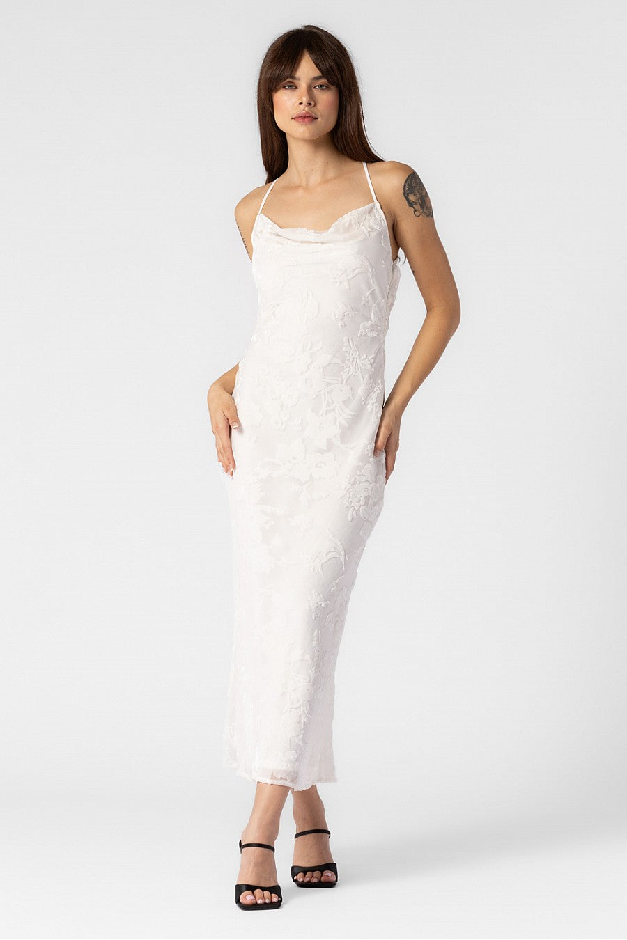 ELIZABETH FLORAL VELVET PRINT COWL NECK LONG DRESS