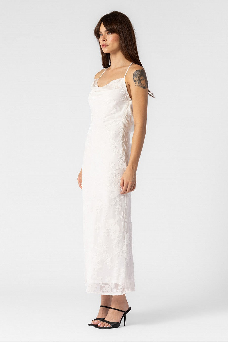 ELIZABETH FLORAL VELVET PRINT COWL NECK LONG DRESS