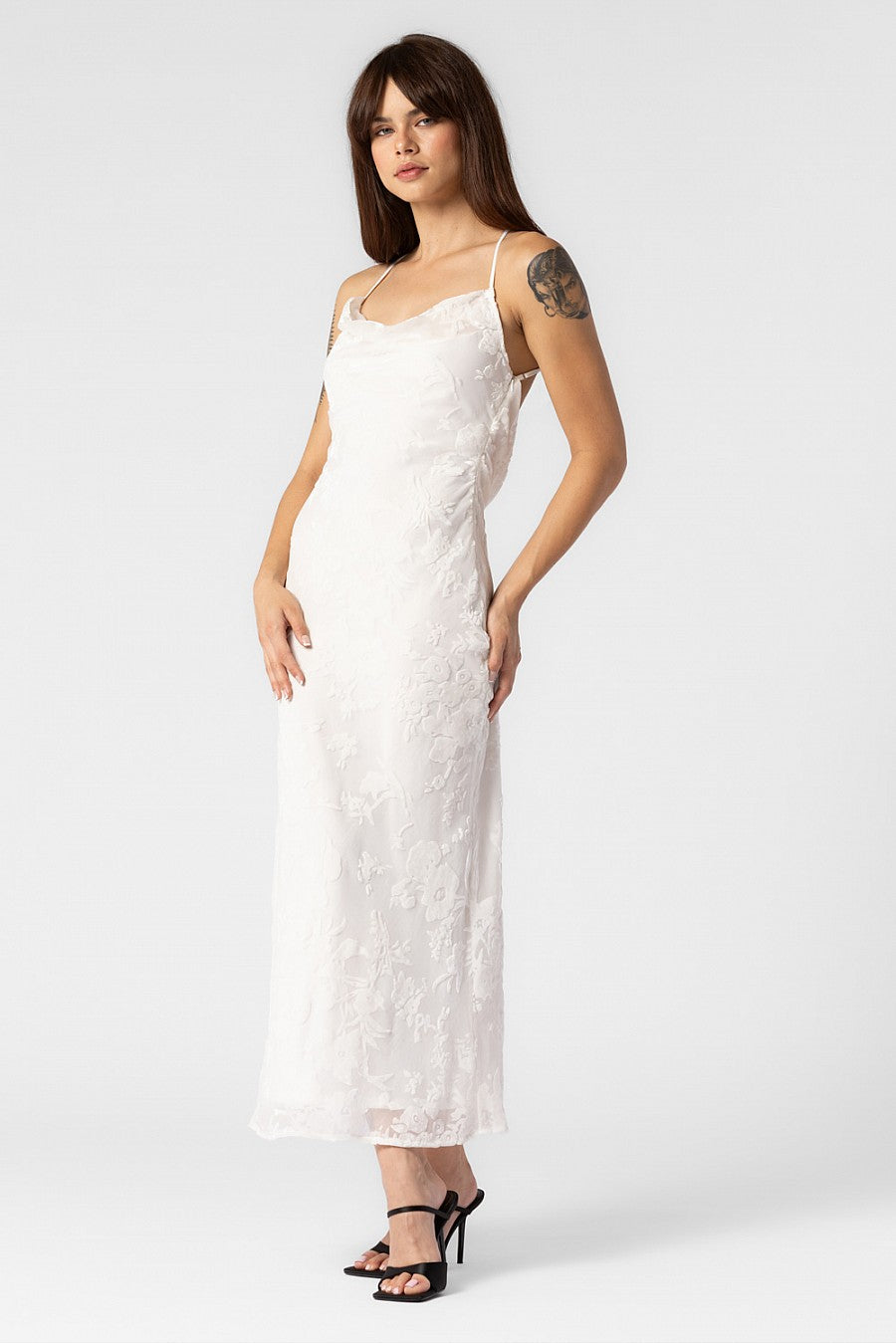 ELIZABETH FLORAL VELVET PRINT COWL NECK LONG DRESS